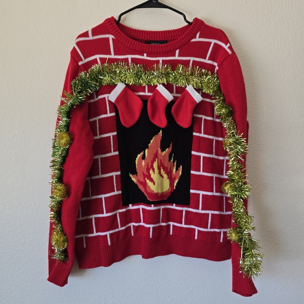Forever 21 Plus Sz 1XL Ugly Christmas Sweater 3D Socks Tinsel Fireplace Red Knit